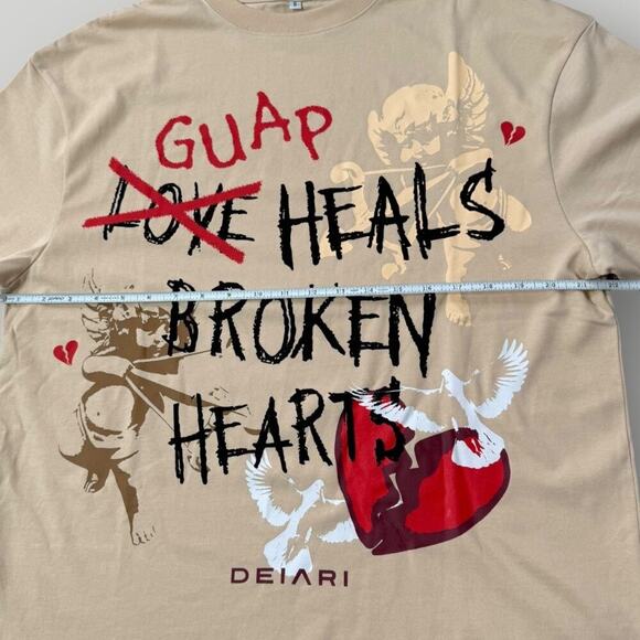 DEIARI Oversized Graphic T-Shirt Beige “GUAP Heals Broken Hearts” Cupid Print - Picture 8 of 9